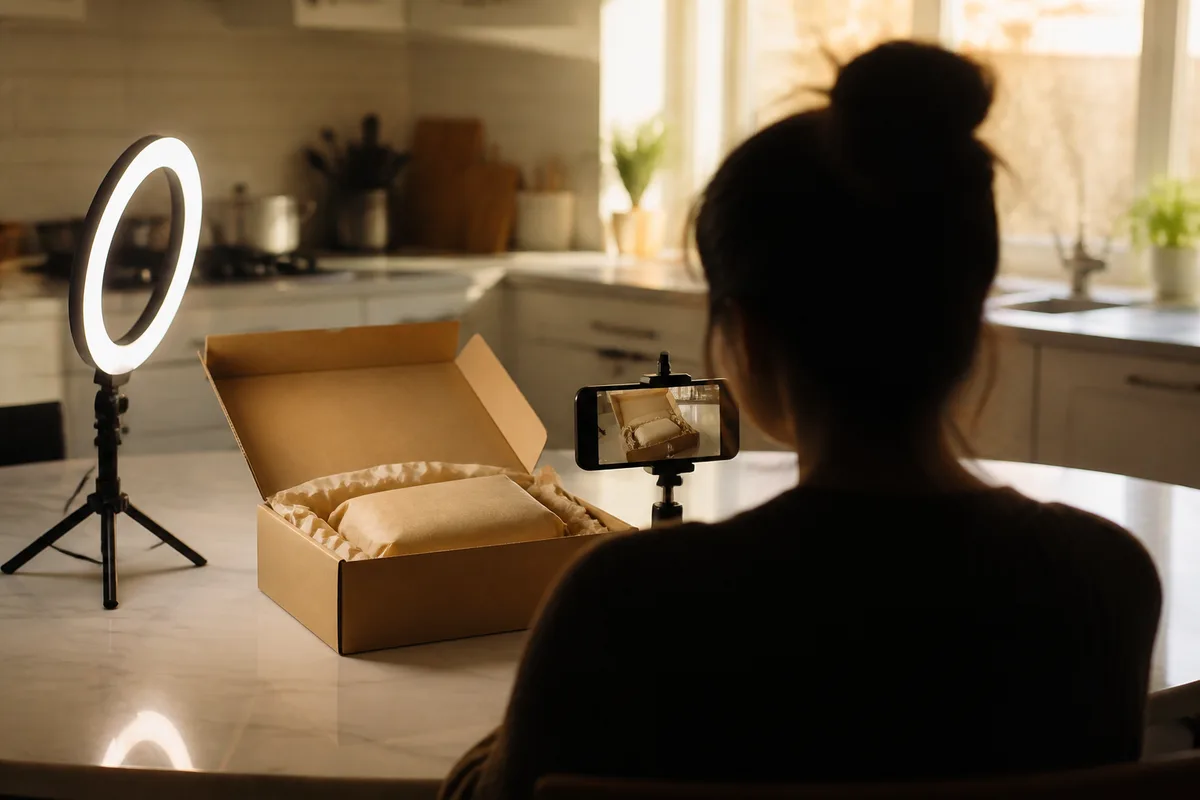 Silhouette de dos d&rsquo;un créateur filmant un colis ouvert avec un smartphone monté sur trépied de table