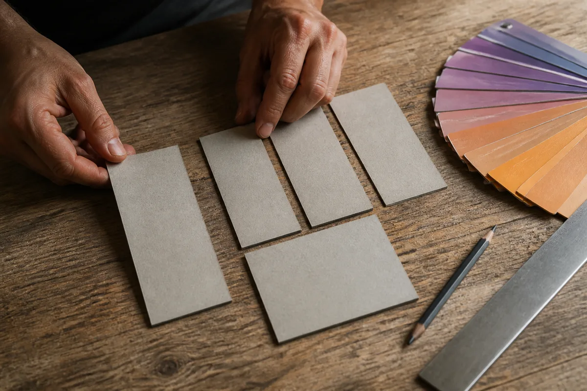 Mains disposant des gabarits de formats verticaux découpés dans du carton et un nuancier sur une table d&rsquo;atelier