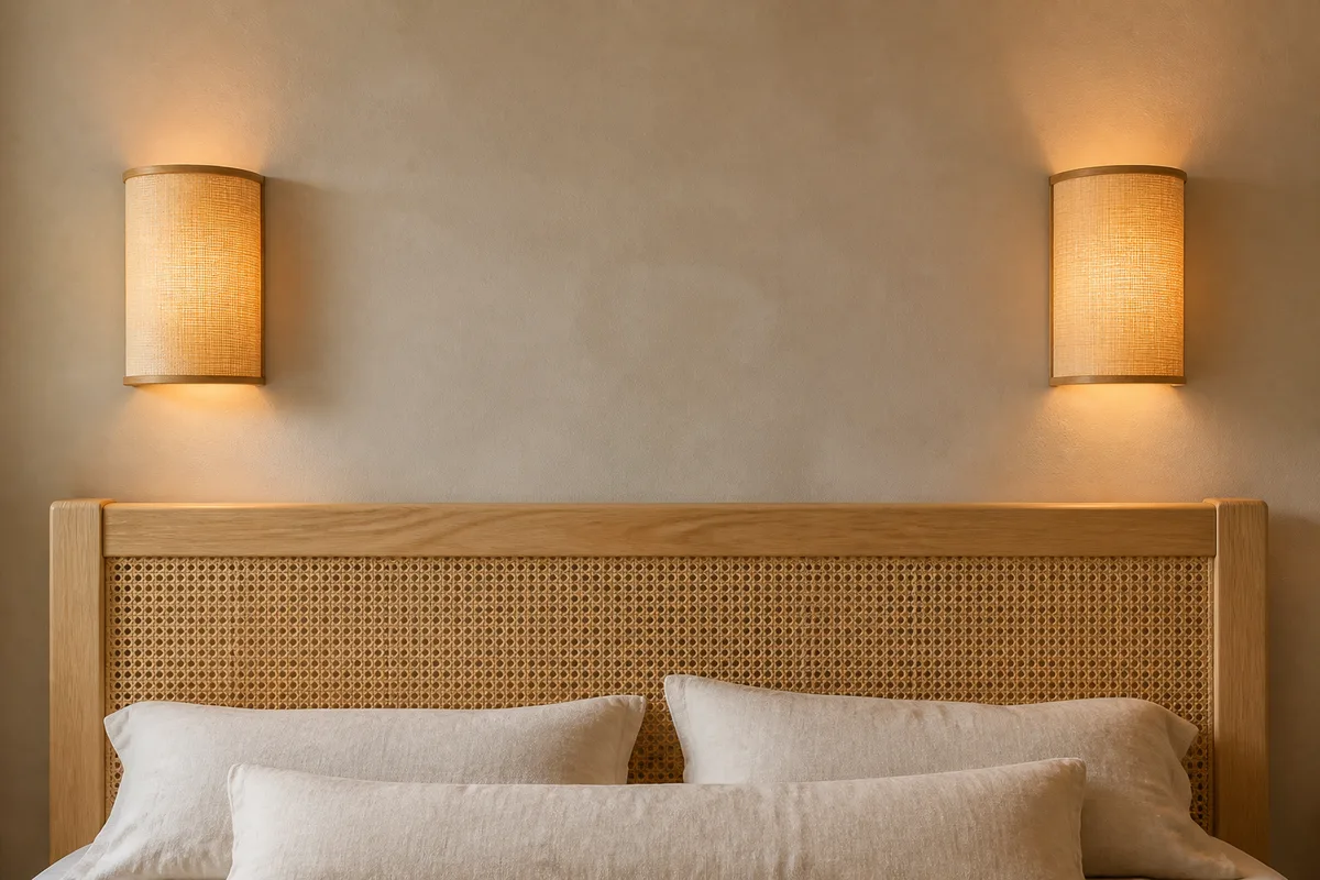 Mur au-dessus d&rsquo;un lit adulte habillé d&rsquo;une tête de lit en bois clair et cannage, deux appliques symétriques