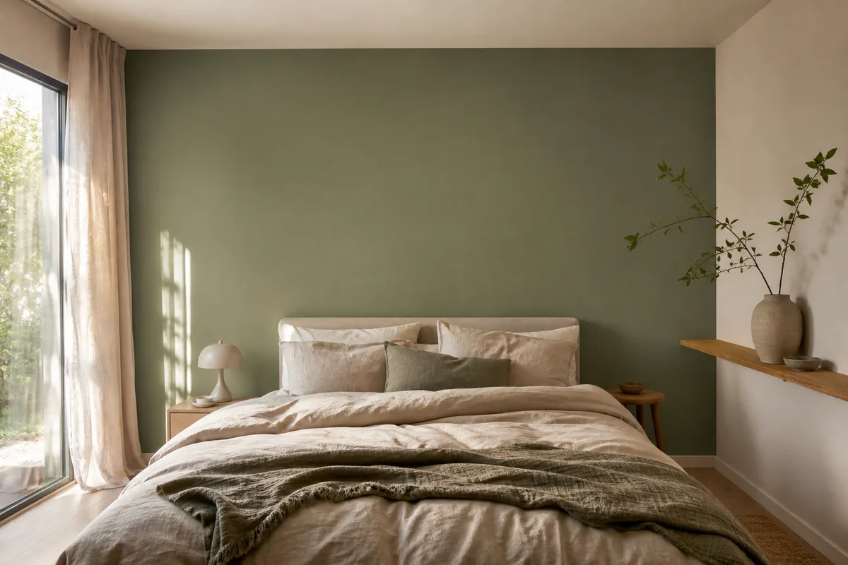 Mur d&rsquo;accent vert sauge derrière un lit, linge de lit lin et tablette bois avec vase