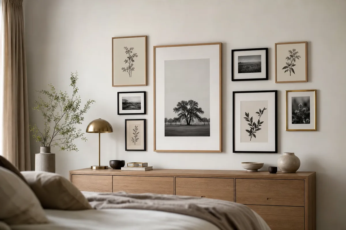 Grand mur de chambre avec une composition de cadres asymétrique au-dessus d&rsquo;une commode en bois