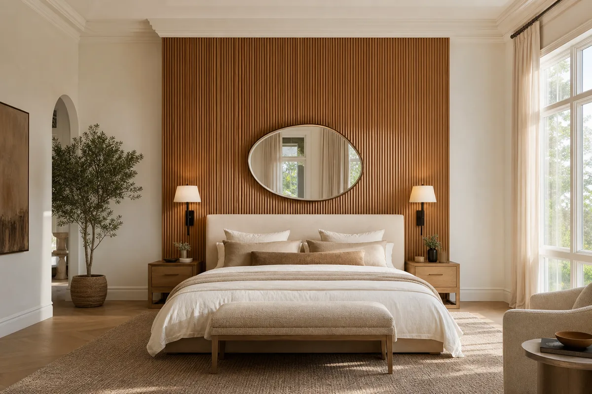 Chambre parentale spacieuse avec un pan de tasseaux en bois vertical derrière le lit et un miroir arrondi