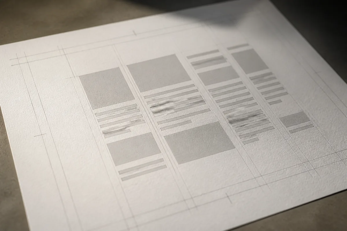 Planche de mise en page imprimée avec repères de colonnes et marges tracés au crayon
