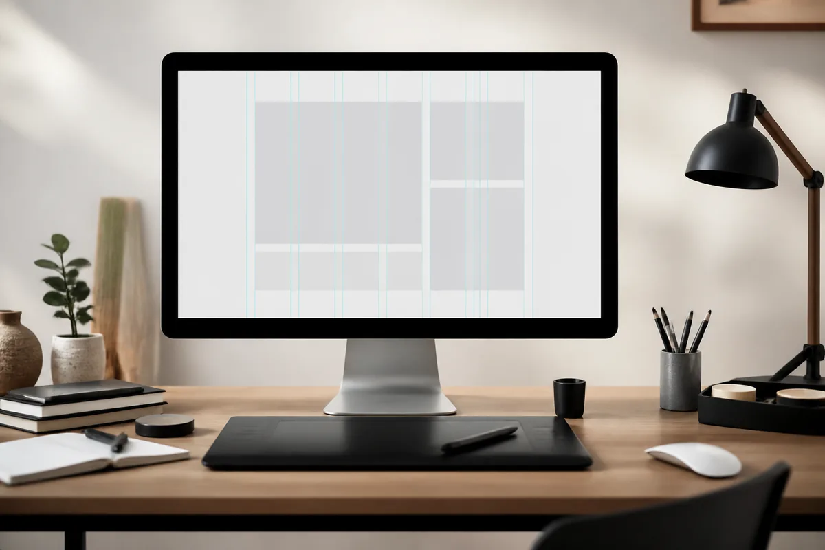 Écran d&rsquo;ordinateur affichant un logiciel de mise en page avec grille de colonnes visible