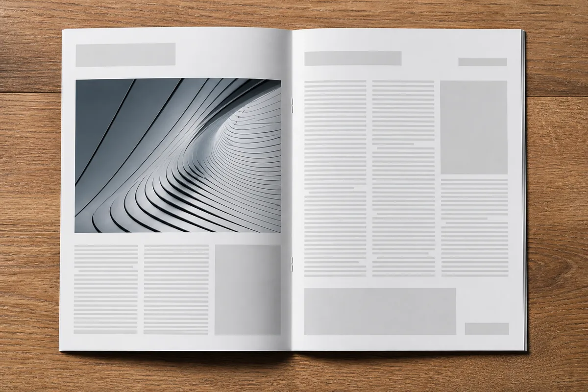 Double page de magazine ouverte montrant une composition alignée sur six colonnes