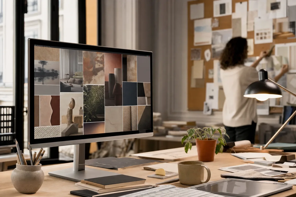 Planche de moodboard composée de visuels générés par intelligence artificielle sur un écran de studio graphique