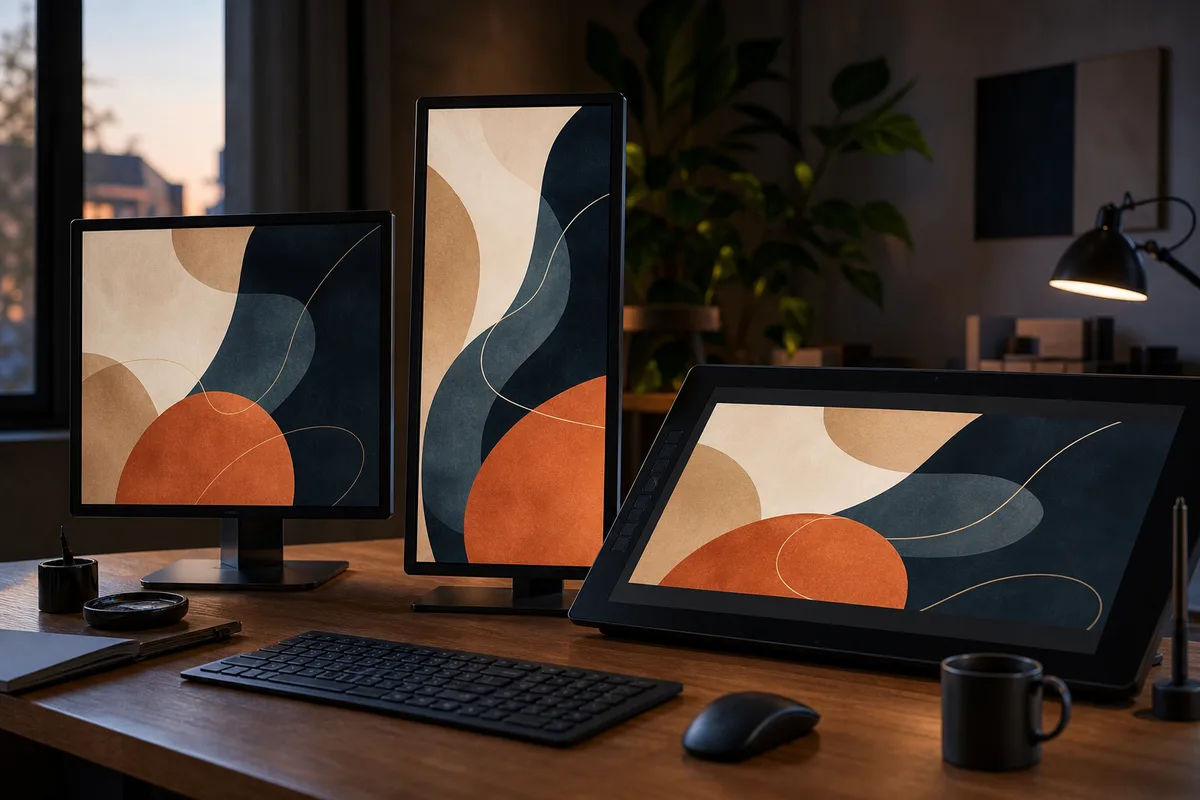 Déclinaisons multi-formats d’une même création graphique affichées sur plusieurs écrans de travail