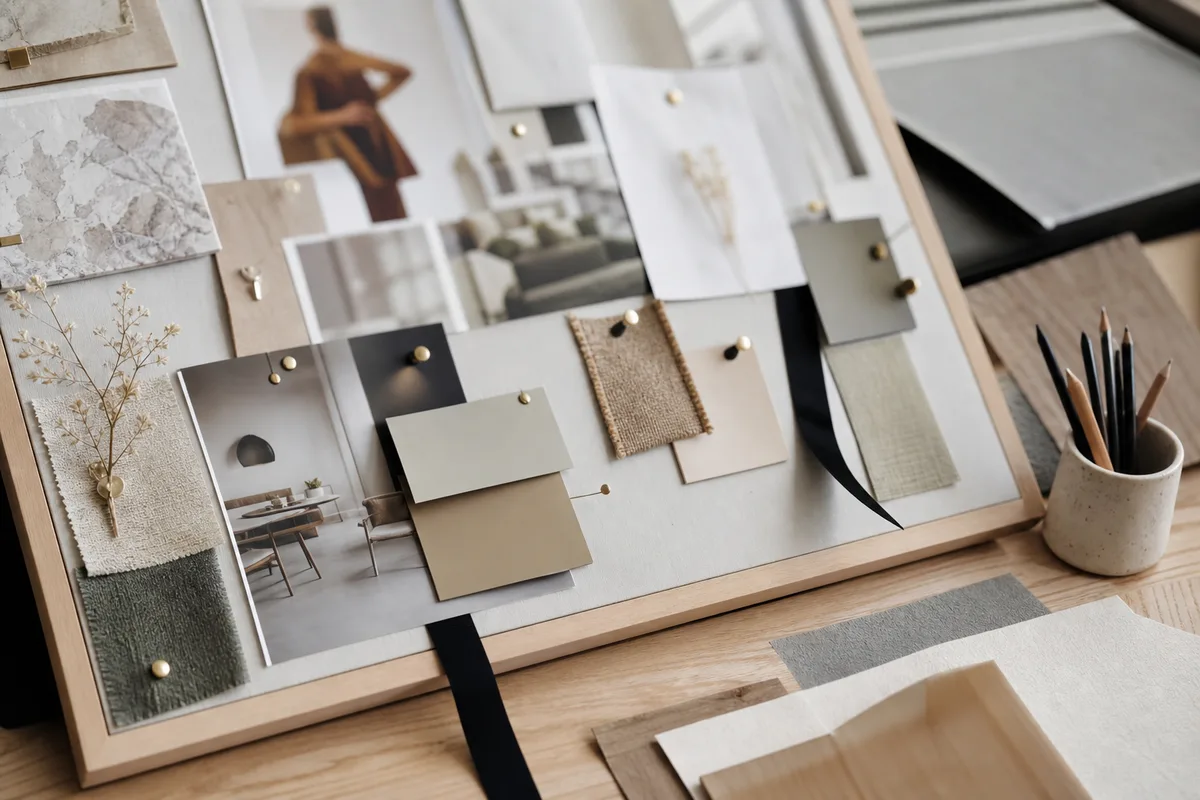 Planche de moodboard de marque assemblant couleurs, textures et références typographiques sur un bureau créatif