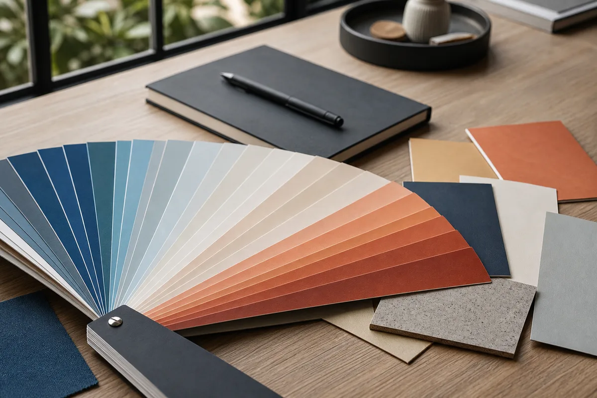 Nuancier et palette de couleurs de marque avec échantillons chromatiques posés sur un plan de travail de graphiste