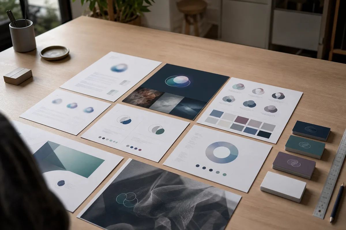Échantillons de logo et pages de charte graphique disposés sur un bureau créatif lumineux