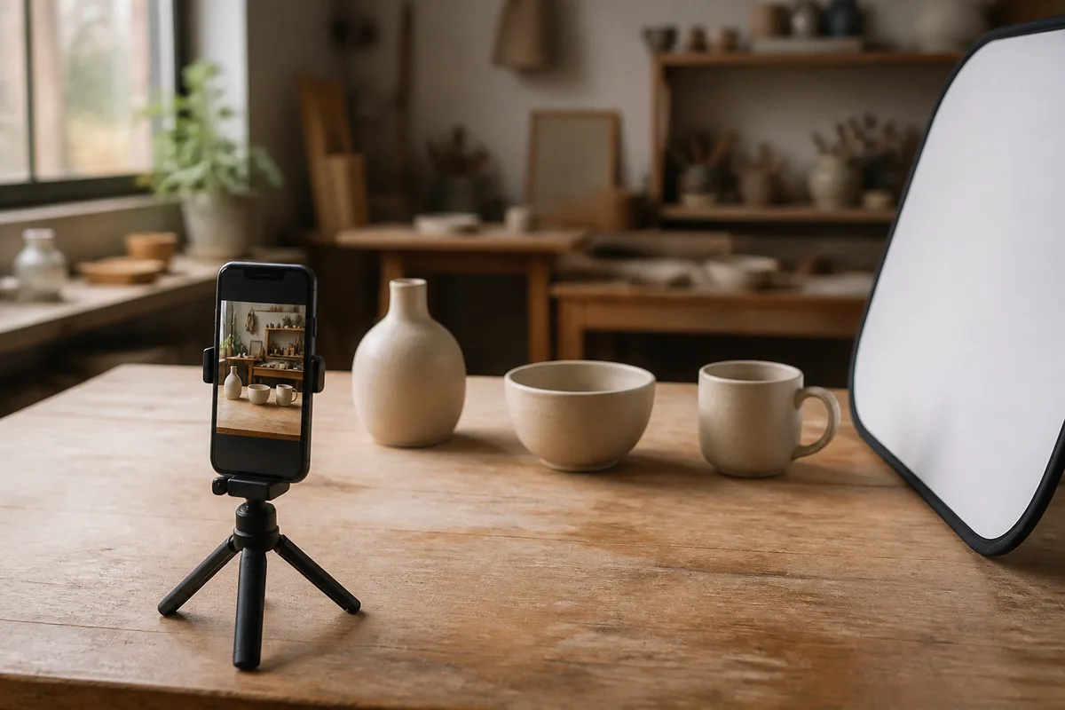 Téléphone sur trépied filmant un plan de travail avec produits artisanaux