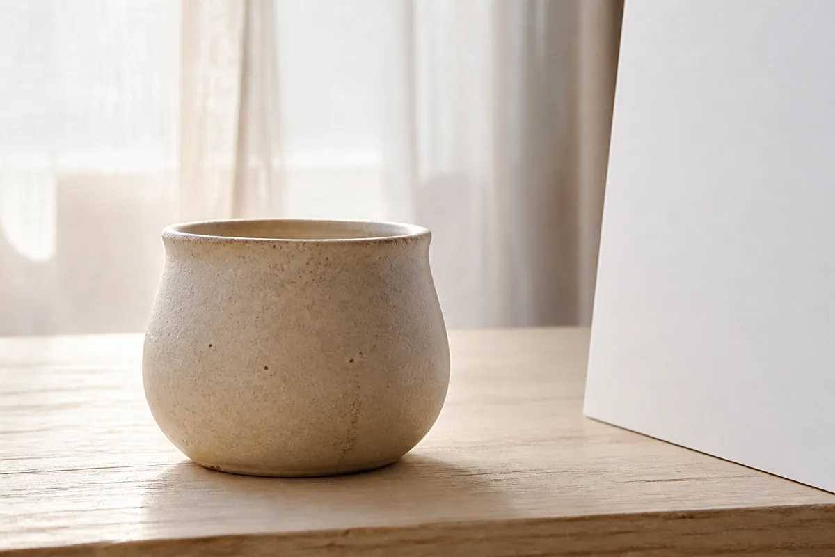 Petit objet artisanal photographié devant une fenêtre avec réflecteur en carton blanc