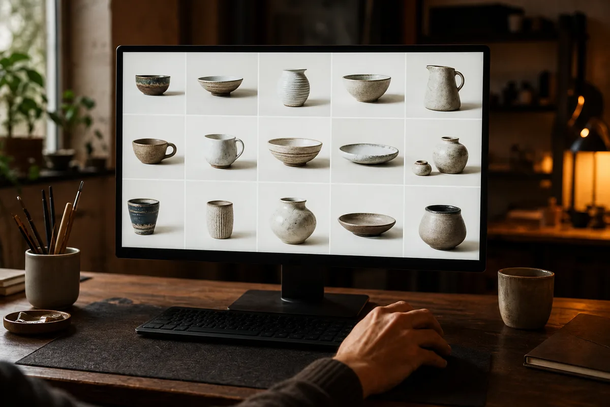 Écran d&rsquo;ordinateur affichant une série de photos de produits en cours de sélection